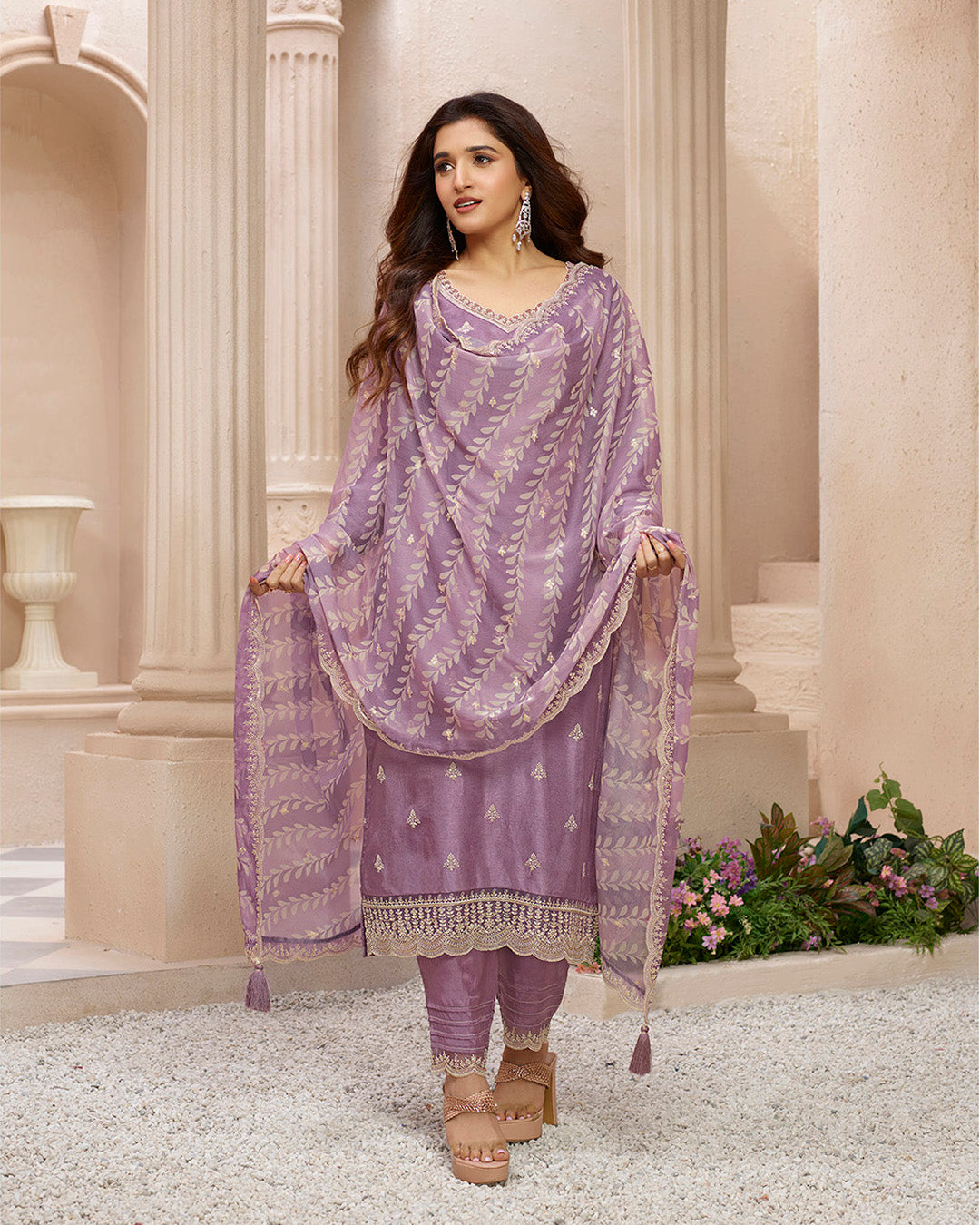 Dusty Lavendar Purple Dola Silk Kurta . Paired with Straight Pants and Chinon Lehariya Print Dupatta