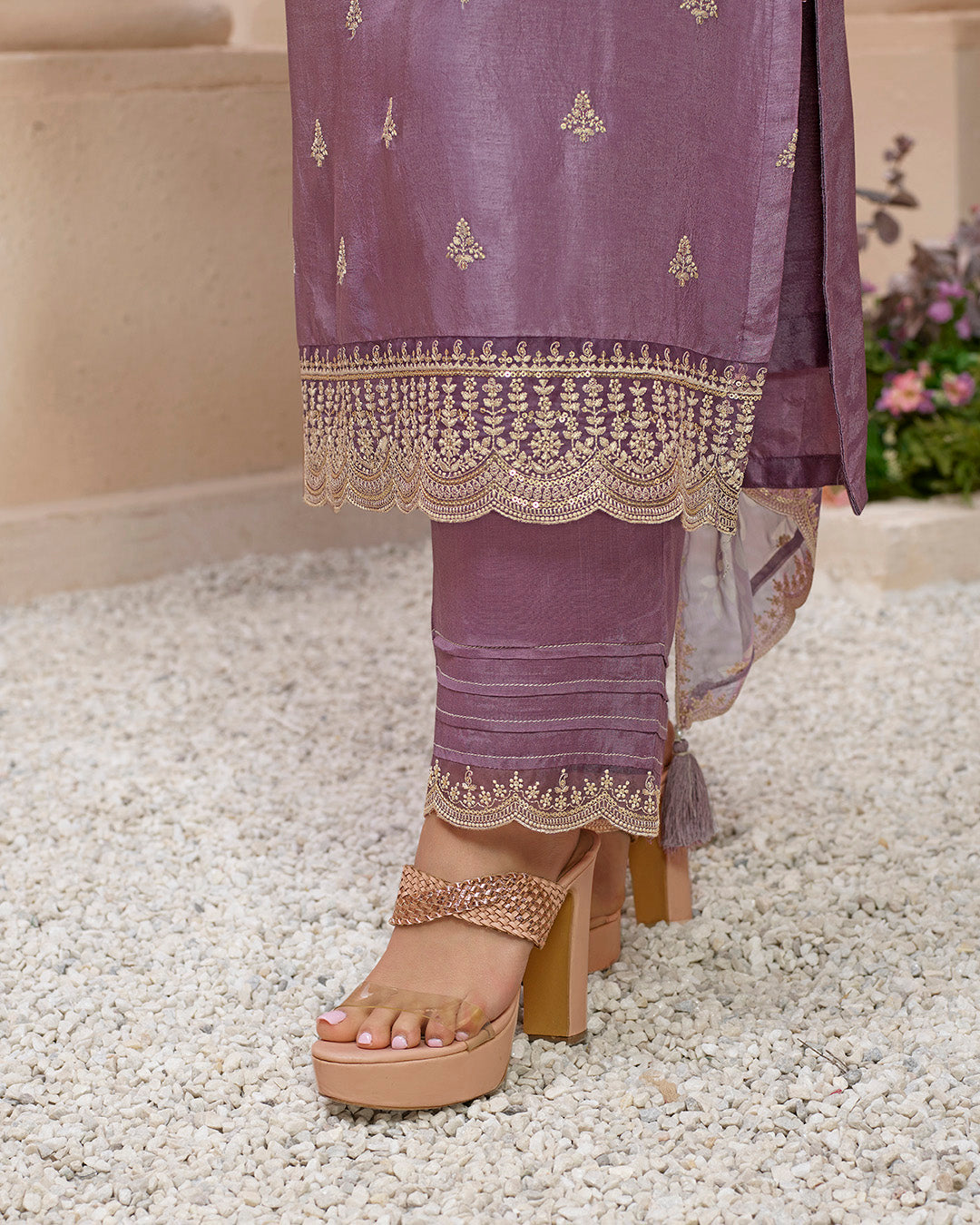 Dusty Lavendar Purple Dola Silk Kurta . Paired with Straight Pants and Chinon Lehariya Print Dupatta