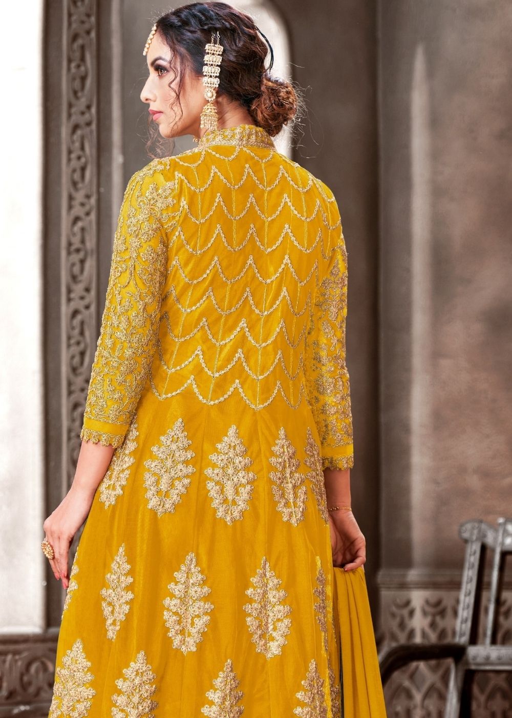 Honey Yellow Designer Net Anarkali Suit with Full Thread Embroidery Work: Top Pick