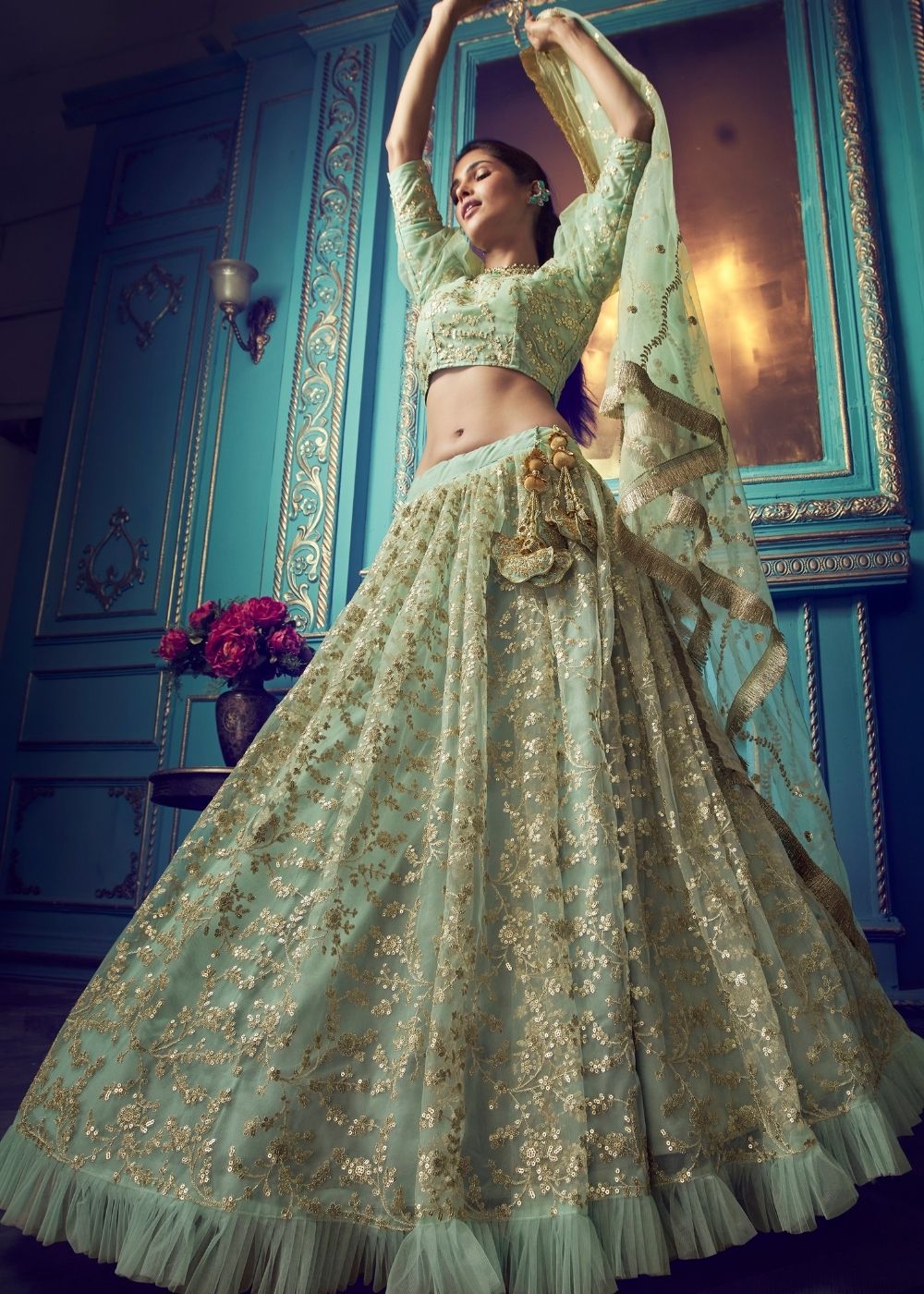 Mint Green Designer Soft Net Lehenga Choli with Ruffles and Sequin, Dori work