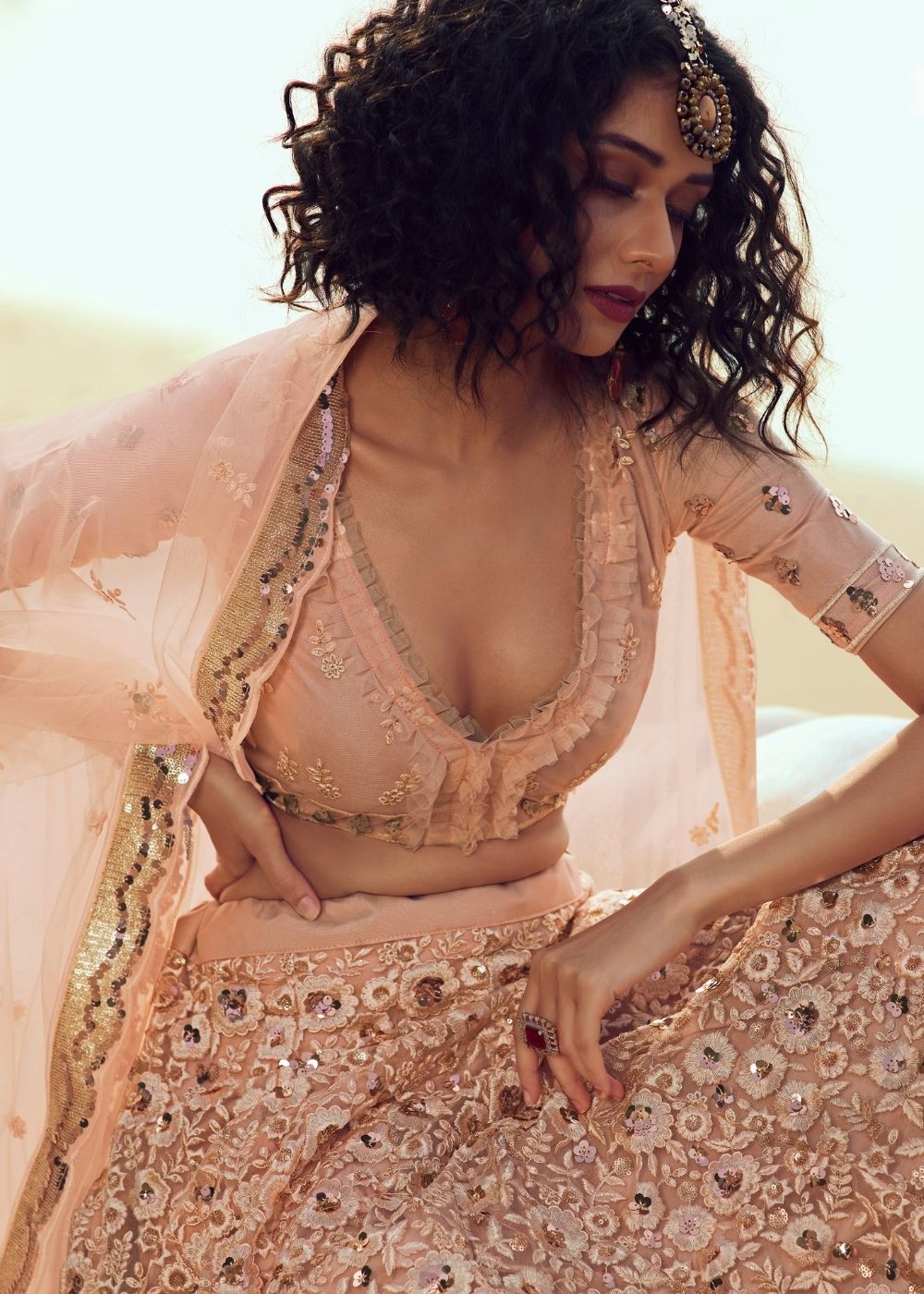 Salmon Pink Soft Net Designer Lehenga Choli with overall Sequins and Thread work(Pre-Order)