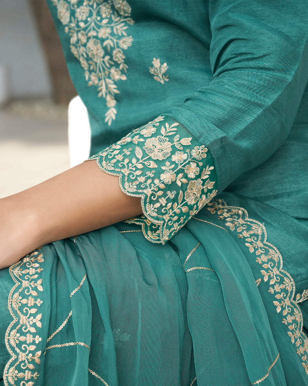 EEmbrace Green Dola Silk Kurta. Paired with Santoon Straight Pants and Organza Dupatta