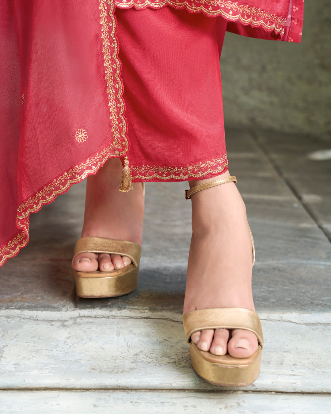 Salsa Red Dola Silk Kurta with Bandhni Print & Zari Work. Paired with Santoon Straight Pants and Chinon Dupatta