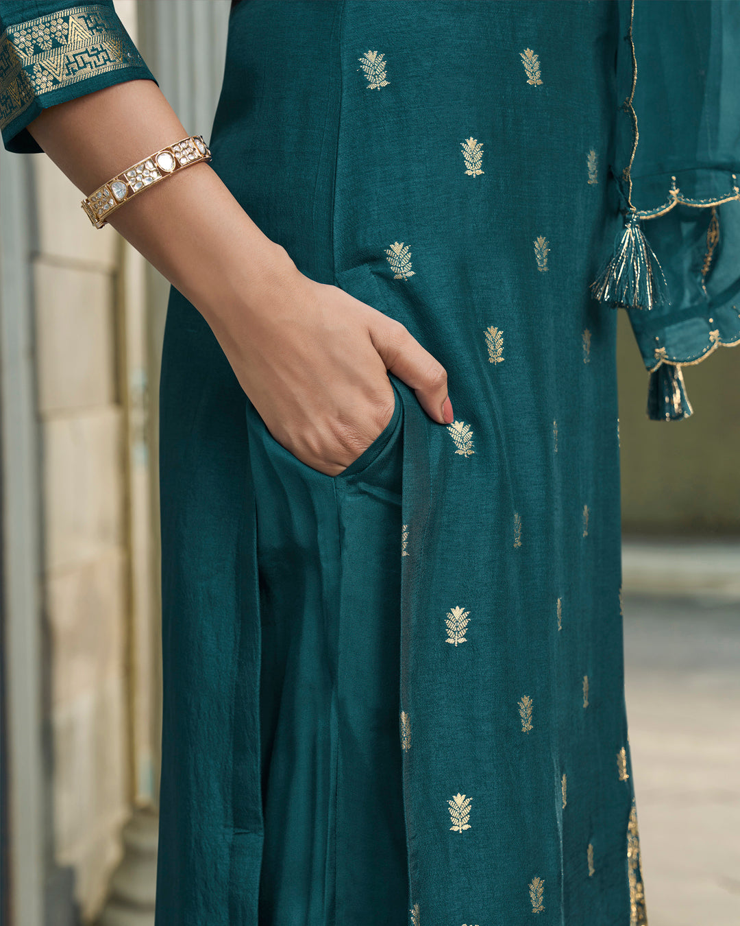 Dark Teal Green Dola Silk Kurta. Paired with Santoon Straight Pants and Organza Dupatta