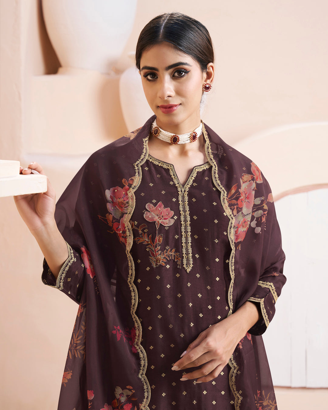 Seal Brown Dola Silk Kurta . Paired with Santoon Straight Pants and Organza Scalloped Dupatta