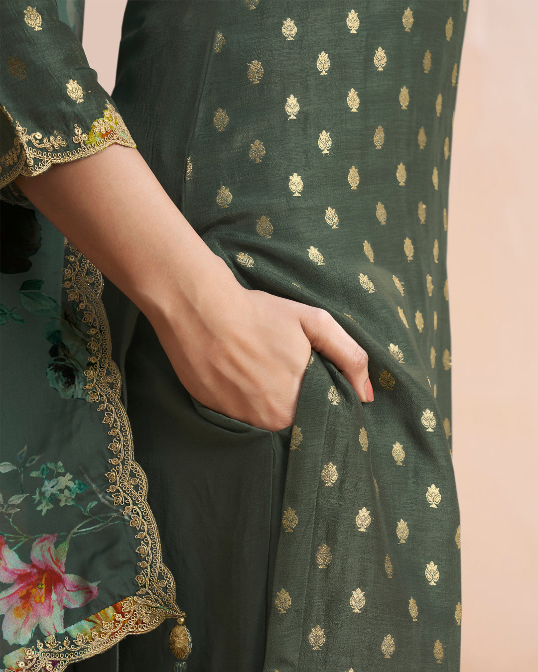 Dark Olive Green Dola Silk Kurta. Paired with Santoon Straight Pants and Organza Scalloped Dupatta