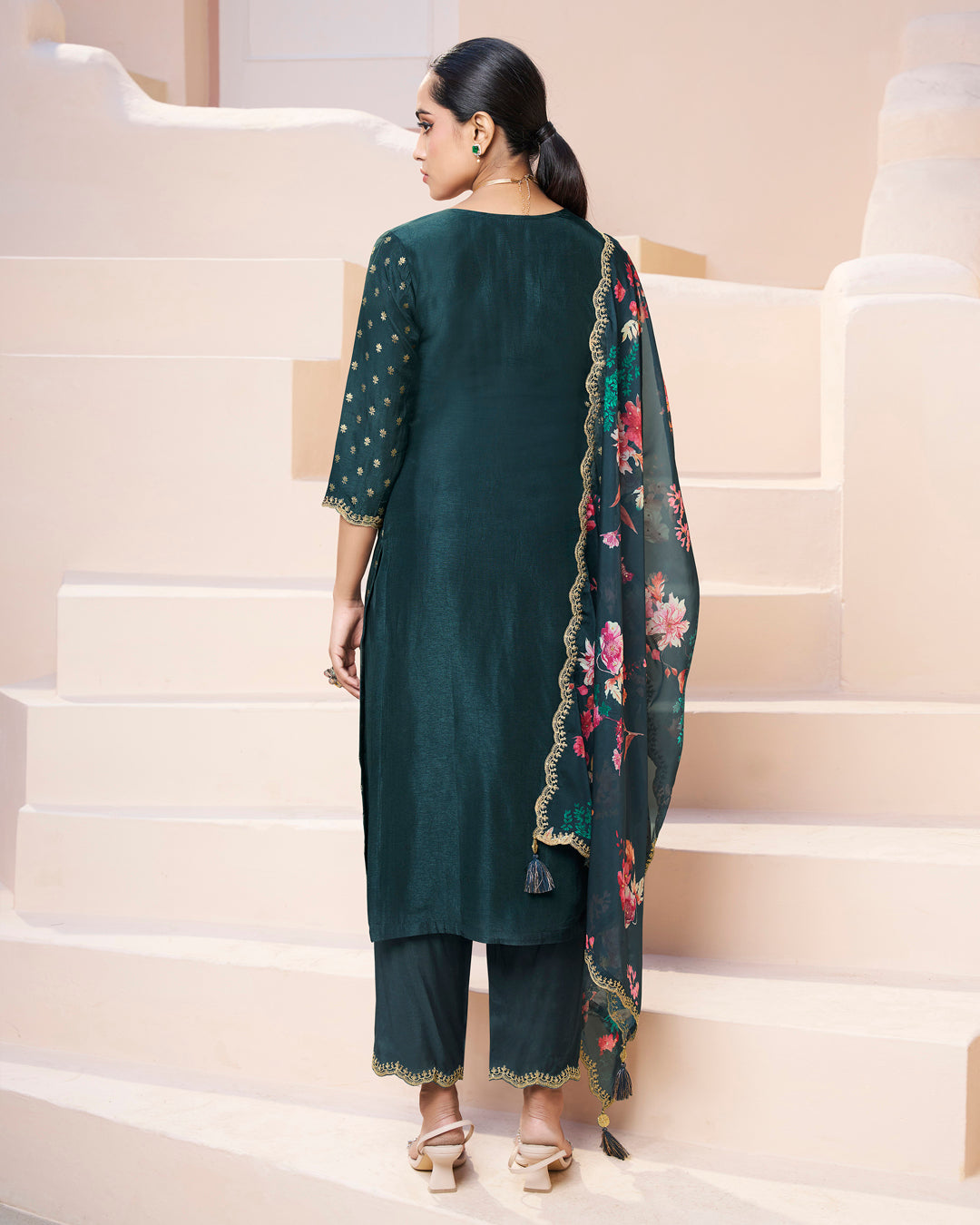 Dark Teal Blue Dola Silk Kurta. Paired with Santoon Straight Pants and Organza Scalloped Dupatta