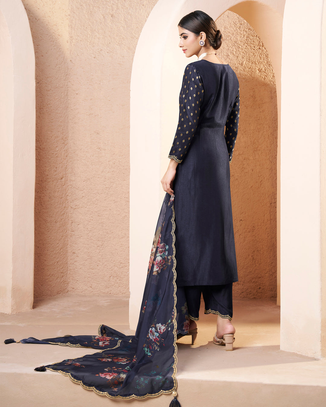 Dark Blue Black Dola Silk Kurta. Paired with Santoon Straight Pants and Organza Scalloped Dupatta