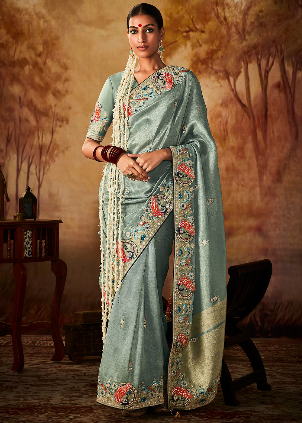 Columbia Blue Woven Banarasi Silk Saree with Sequin,Stone,Zardosi,Khatli & Pearl work