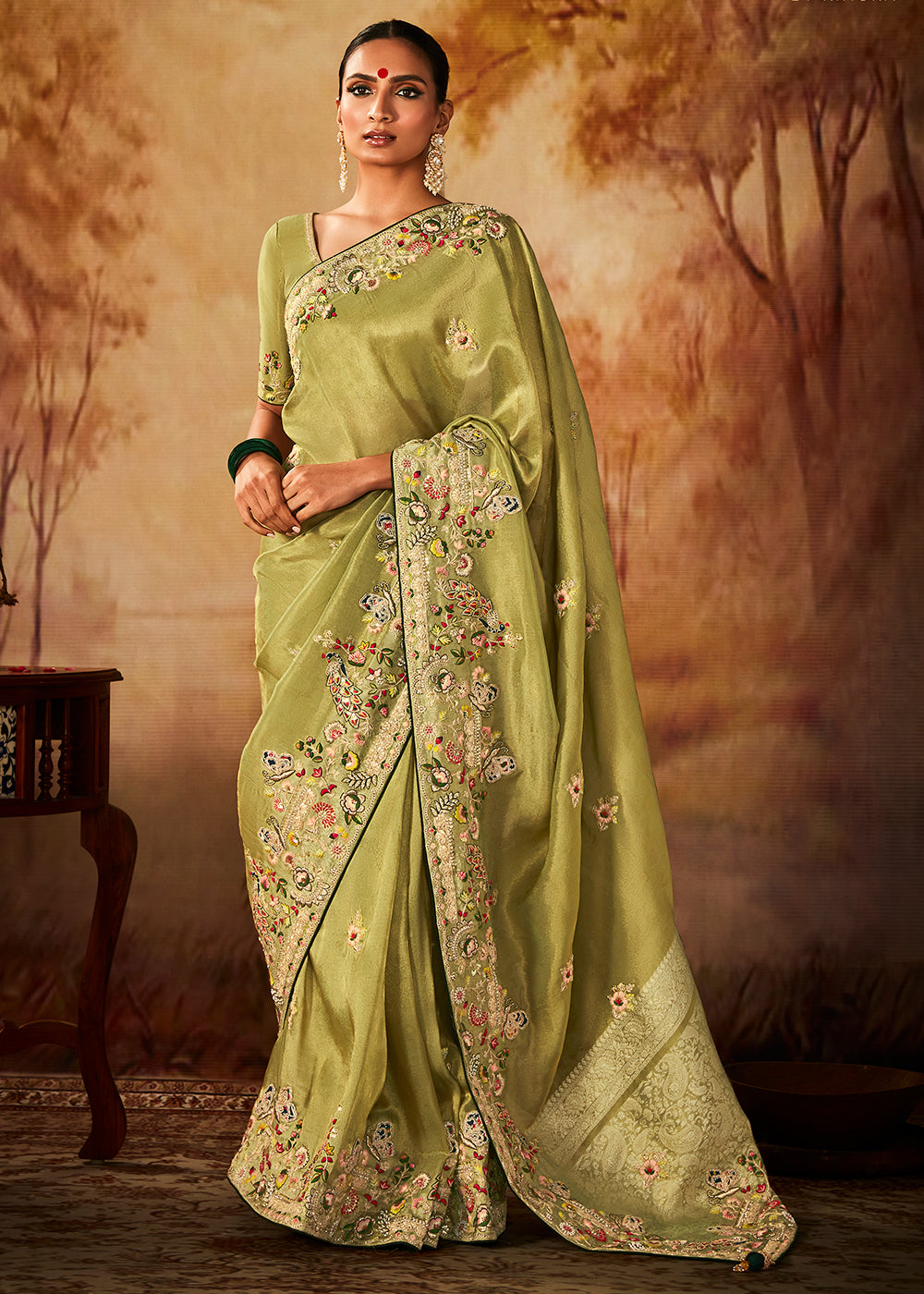 Light Avocado Green Woven Banarasi Silk Saree with Sequin,Stone,Zardosi,Khatli & Pearl work