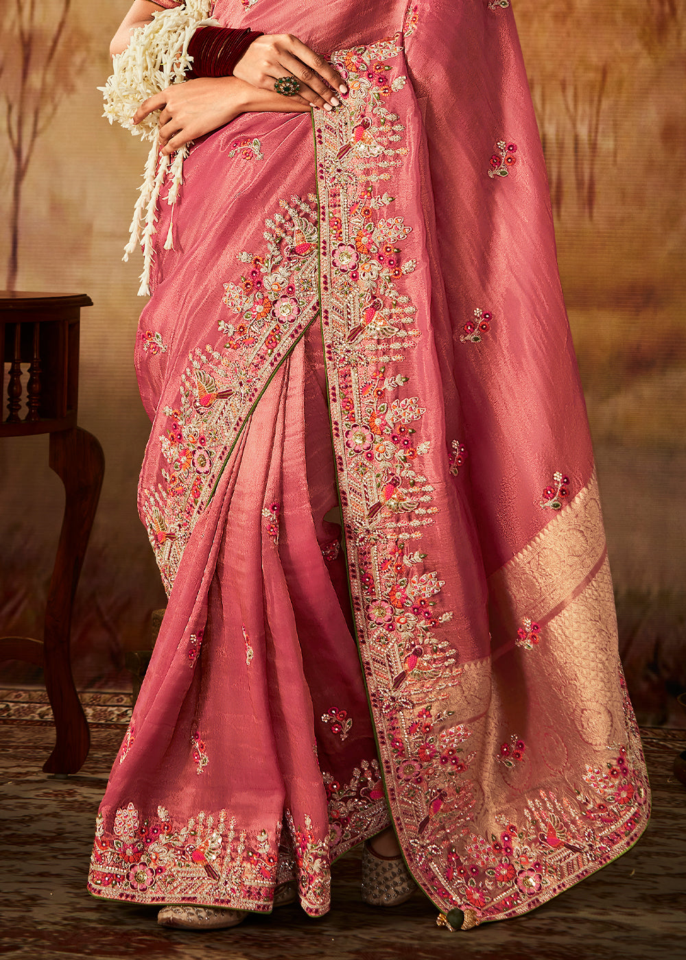 Rouge Pink Woven Banarasi Silk Saree with Sequin,Stone,Zardosi,Khatli & Pearl work