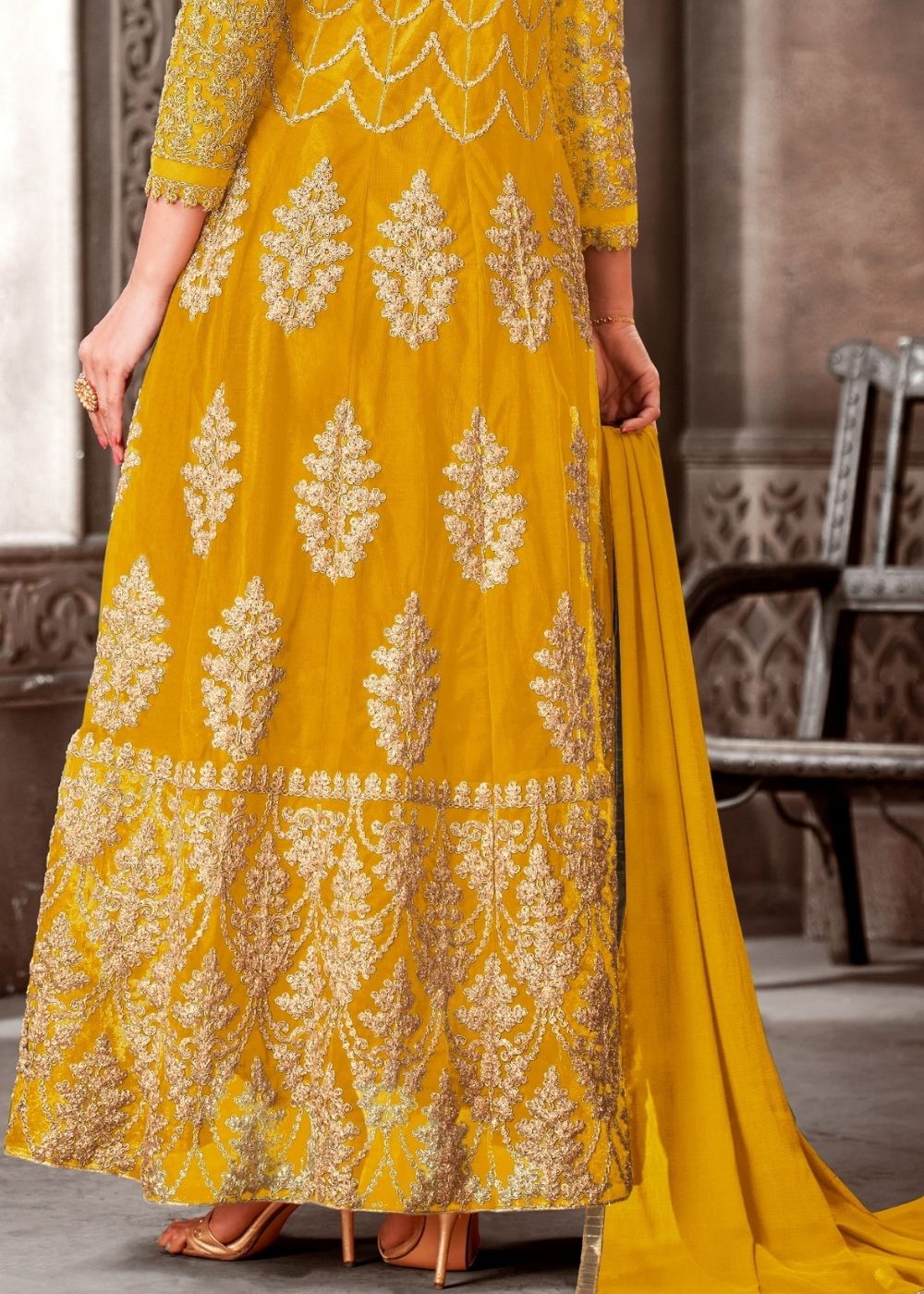 Honey Yellow Designer Net Anarkali Suit with Full Thread Embroidery Work: Top Pick