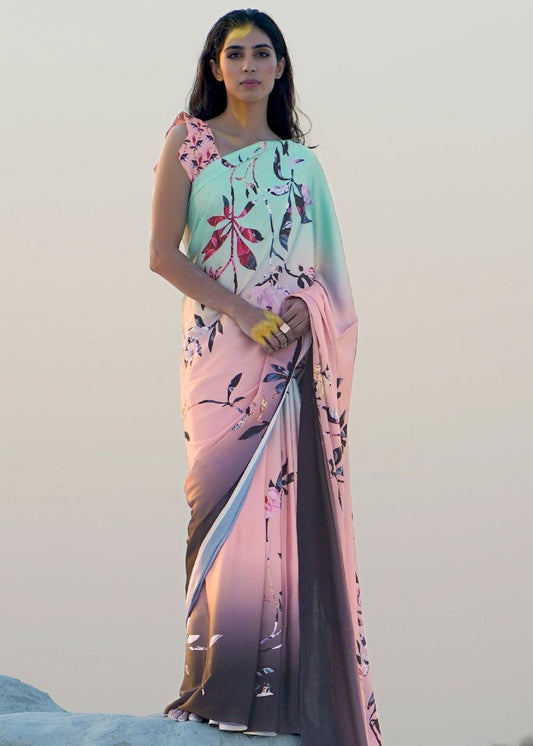 Arctic Blue and Pink Digital Printed Crepe Silk Saree: Top Pick