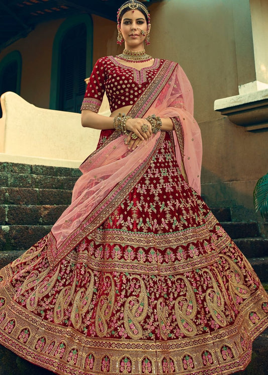 Sangria Red Bridal Velvet Lehenga Choli with Embroidery & Hand work