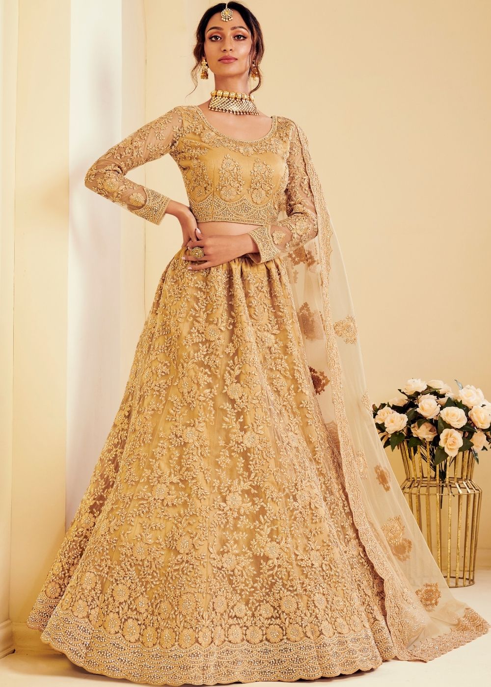 Antique Golden Soft Net Lehenga Choli with Cording Embroidery & Stone work
