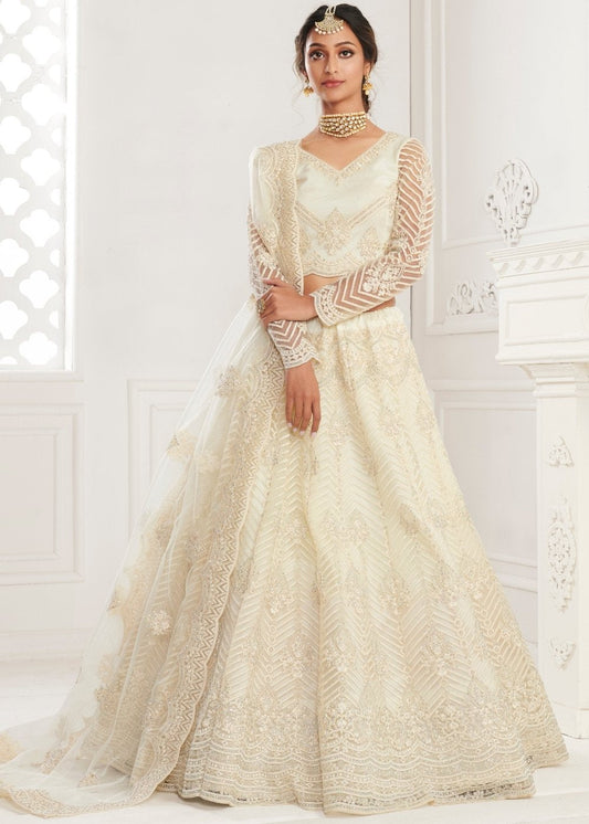 Off White Soft Net Lehenga Choli with Cording Embroidery & Stonework