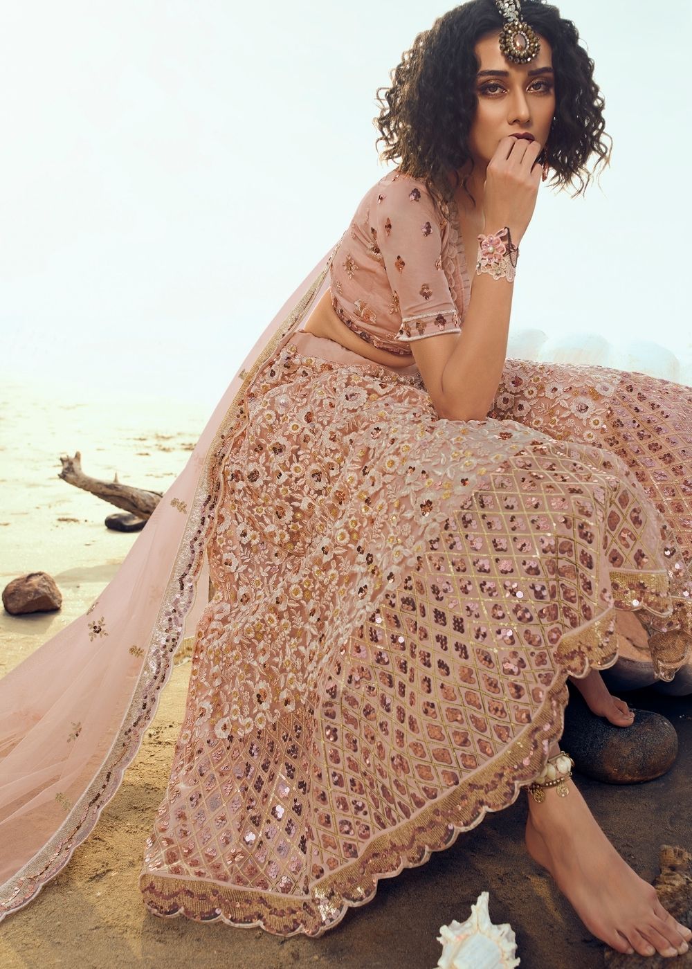 Salmon Pink Soft Net Designer Lehenga Choli with overall Sequins and Thread work(Pre-Order)