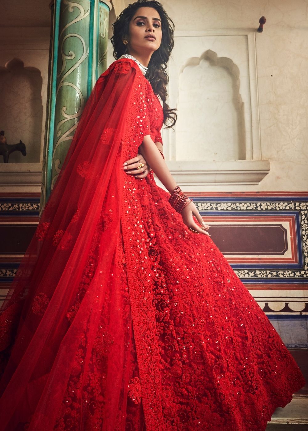 Chilli Red Soft Net Lehenga Choli with Sequins,Dori & Zarkan work