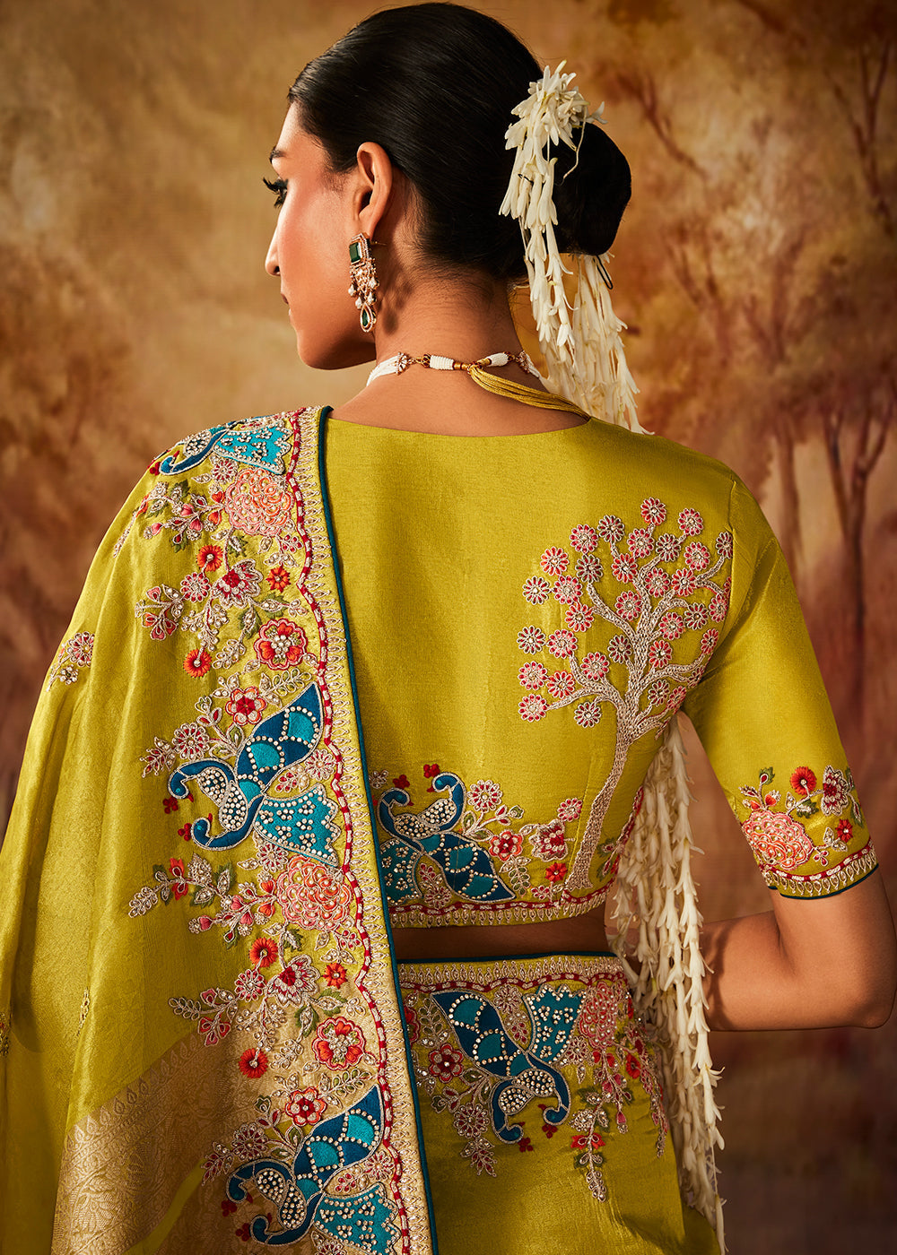 Canary Yellow Woven Banarasi Silk Saree with Sequin,Stone,Zardosi,Khatli & Pearl work