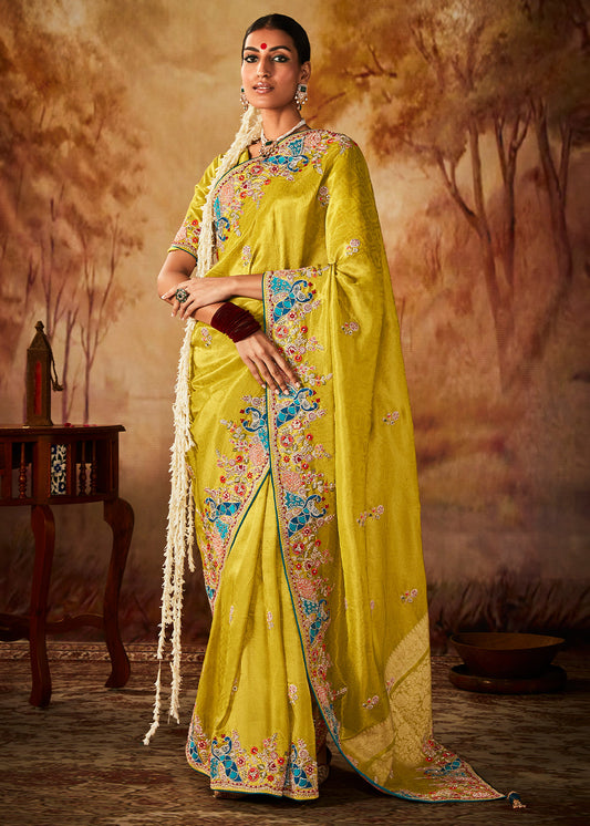 Canary Yellow Woven Banarasi Silk Saree with Sequin,Stone,Zardosi,Khatli & Pearl work