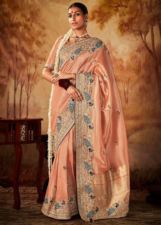 Light Peach Pink Woven Banarasi Silk Saree with Sequin,Stone,Zardosi,Khatli & Pearl work