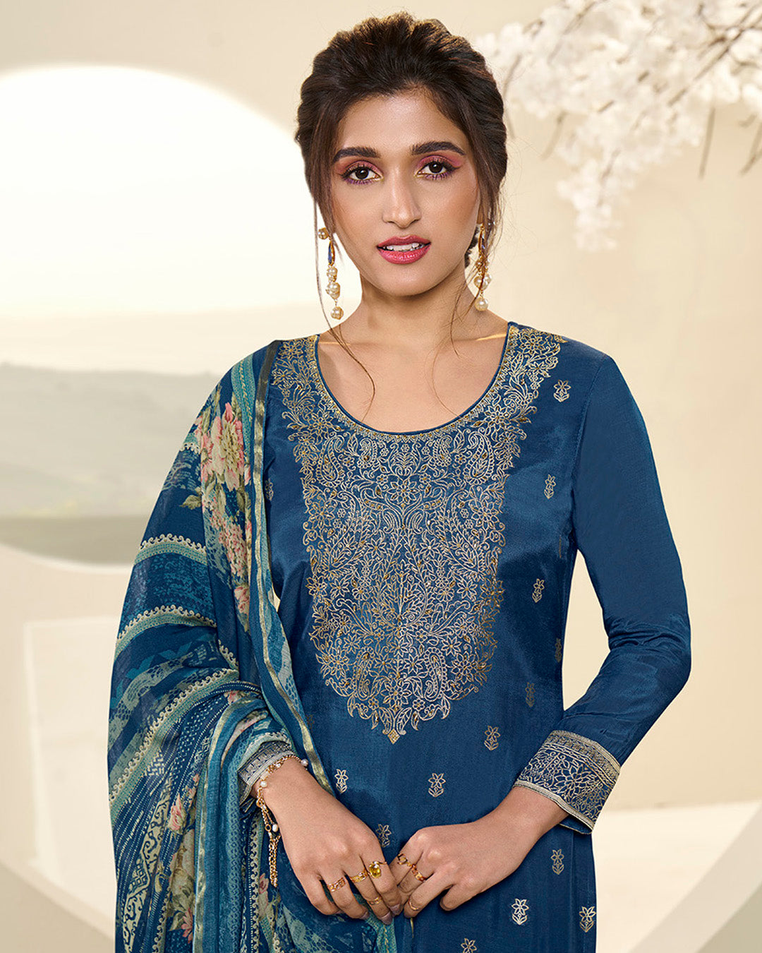 Royal Blue Muslin Jacquard Kurta. Paired with Santoon Straight pants and Muslin Jacquard Abstract Digital Print Dupatta