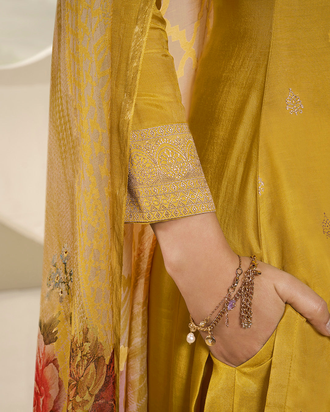 Amber Yellow Muslin Jacquard Kurta .Paired with Santoon Straight pants and Muslin Jacquard Abstract Digital Print Dupatta