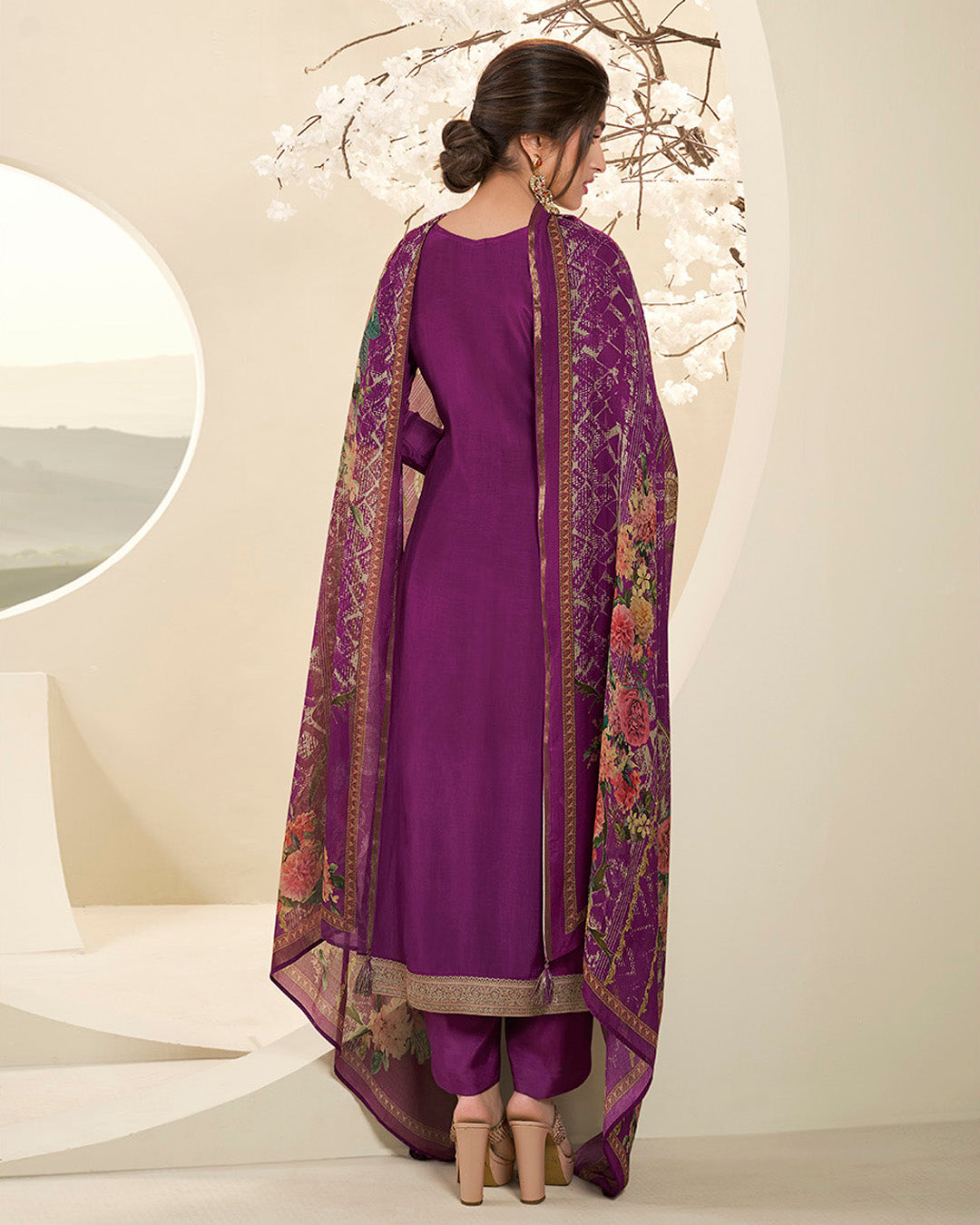 Cobalt Purple Muslin Jacquard Kurta Paired with Santoon Straight pants and Muslin Jacquard Abstract Digital Print Dupatta