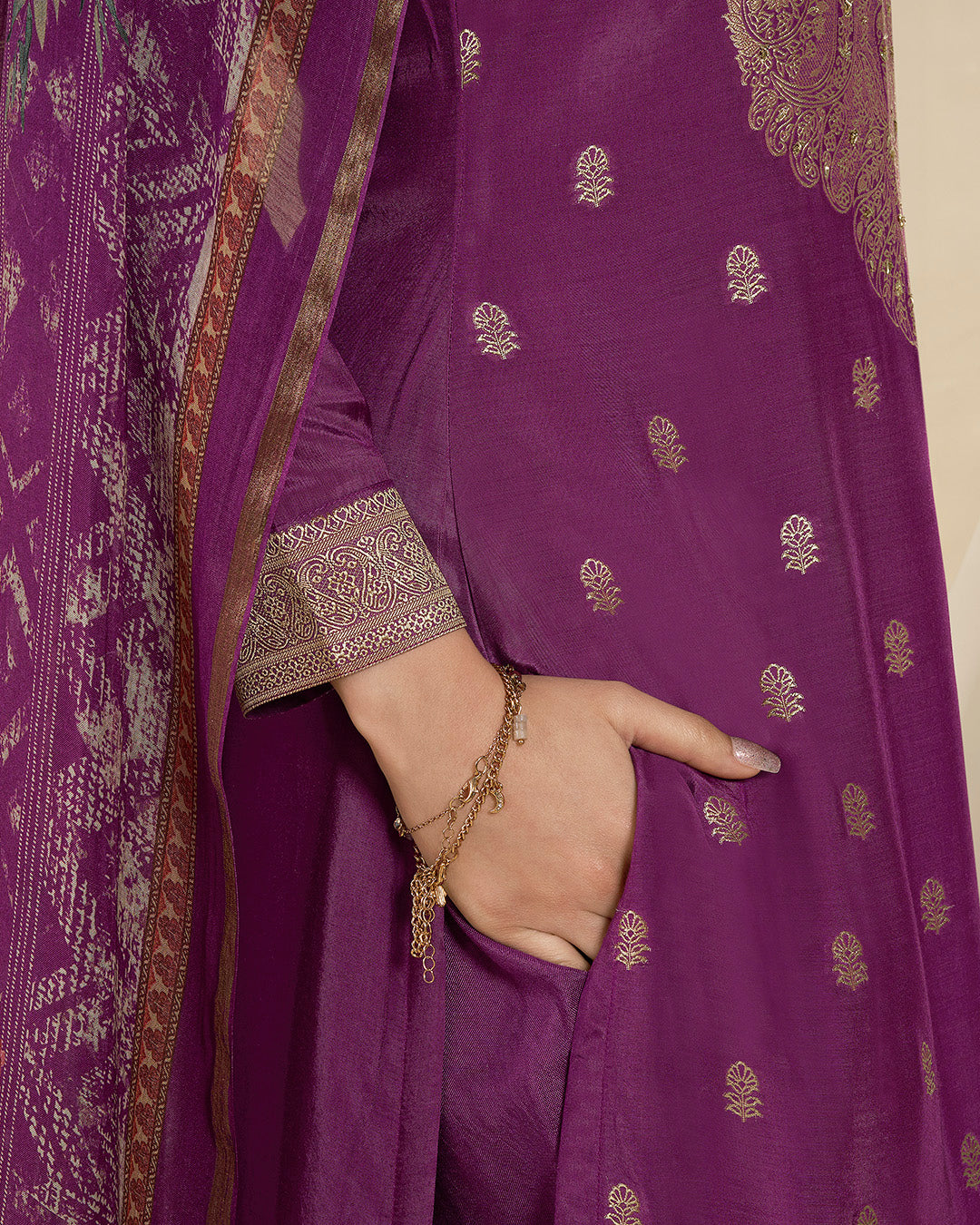 Cobalt Purple Muslin Jacquard Kurta Paired with Santoon Straight pants and Muslin Jacquard Abstract Digital Print Dupatta