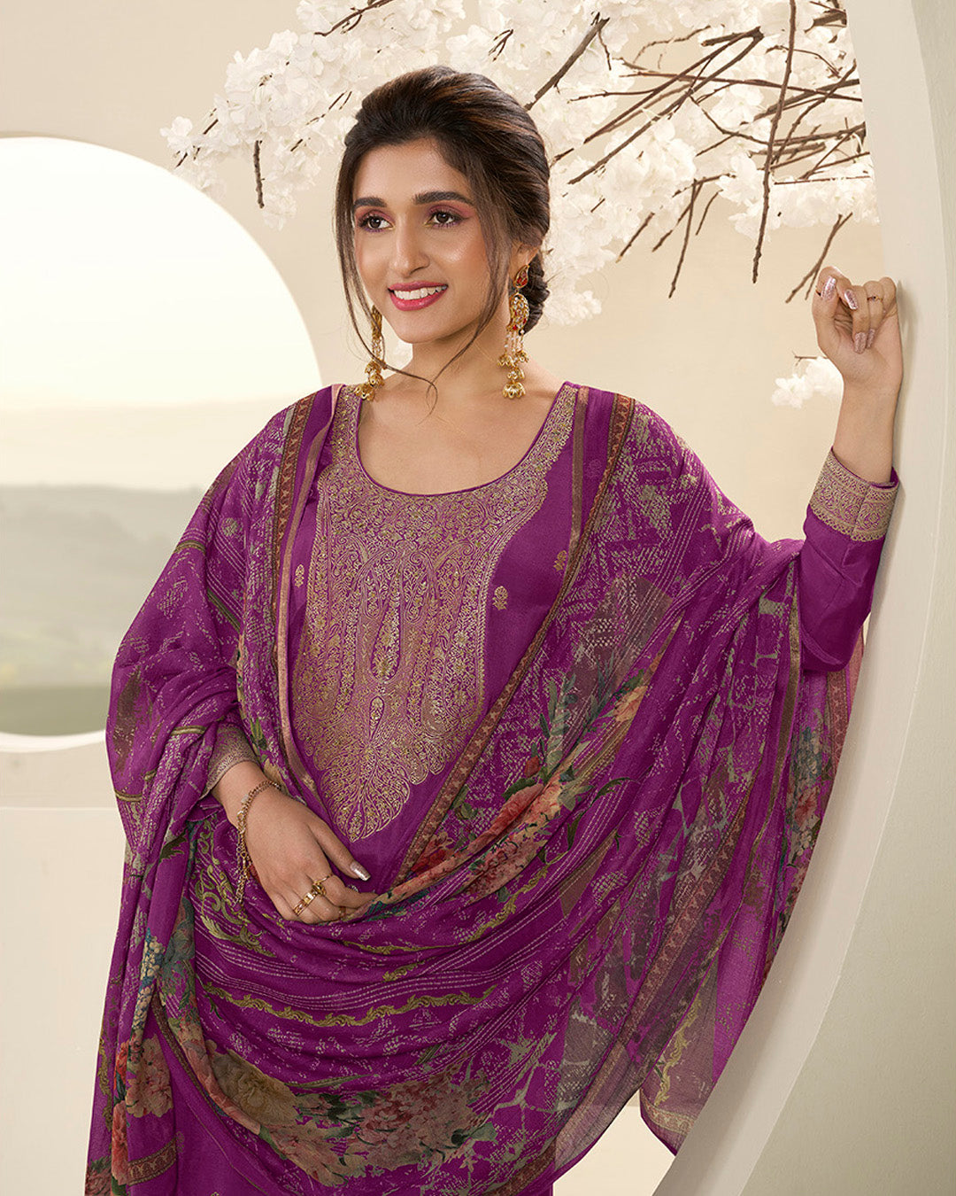 Cobalt Purple Muslin Jacquard Kurta Paired with Santoon Straight pants and Muslin Jacquard Abstract Digital Print Dupatta