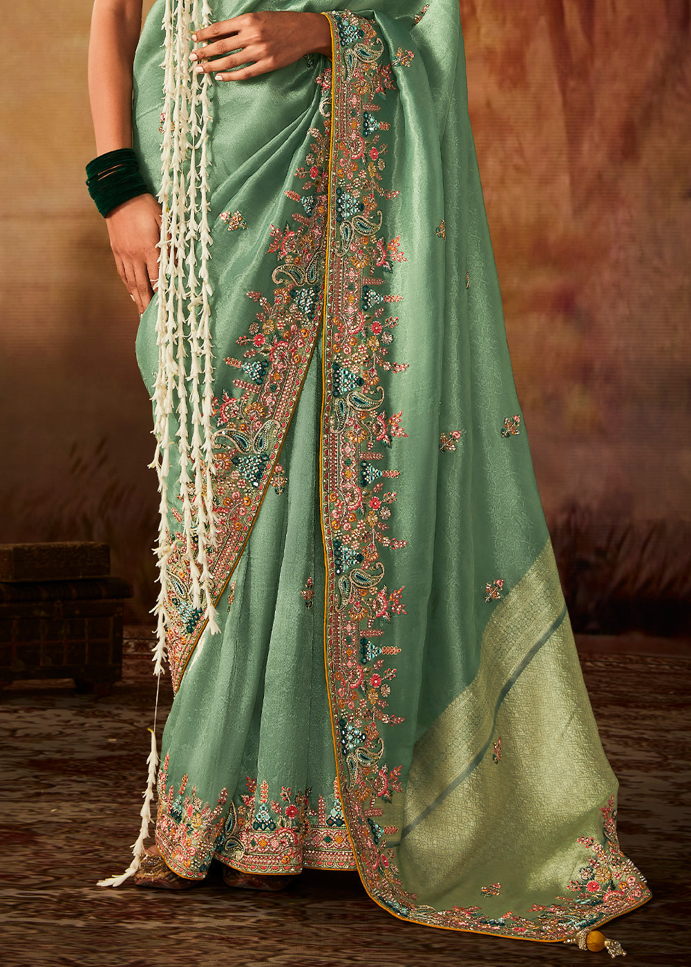 Emerald Green Woven Banarasi Silk Saree with Sequin,Stone,Zardosi,Khatli & Pearl work