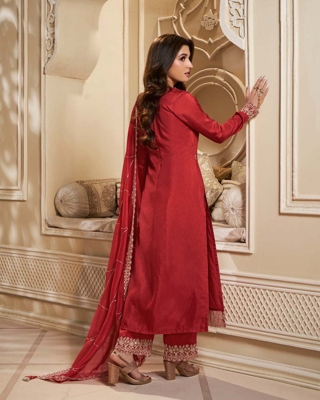 Scarlet Red Dola Silk Kurta.Paired with Santoon Straight Pants and Organza Dupatta