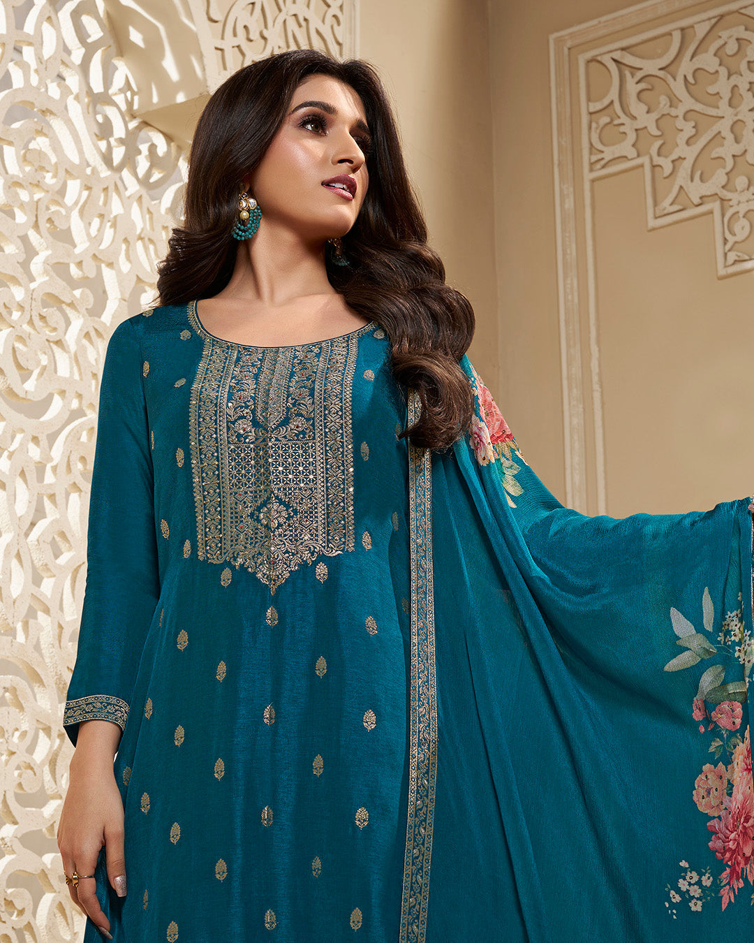 Cerulean Blue Dola Silk Kurta . Paired with Santoon Straight Pants and Chinon Floral Printed Dupatta.