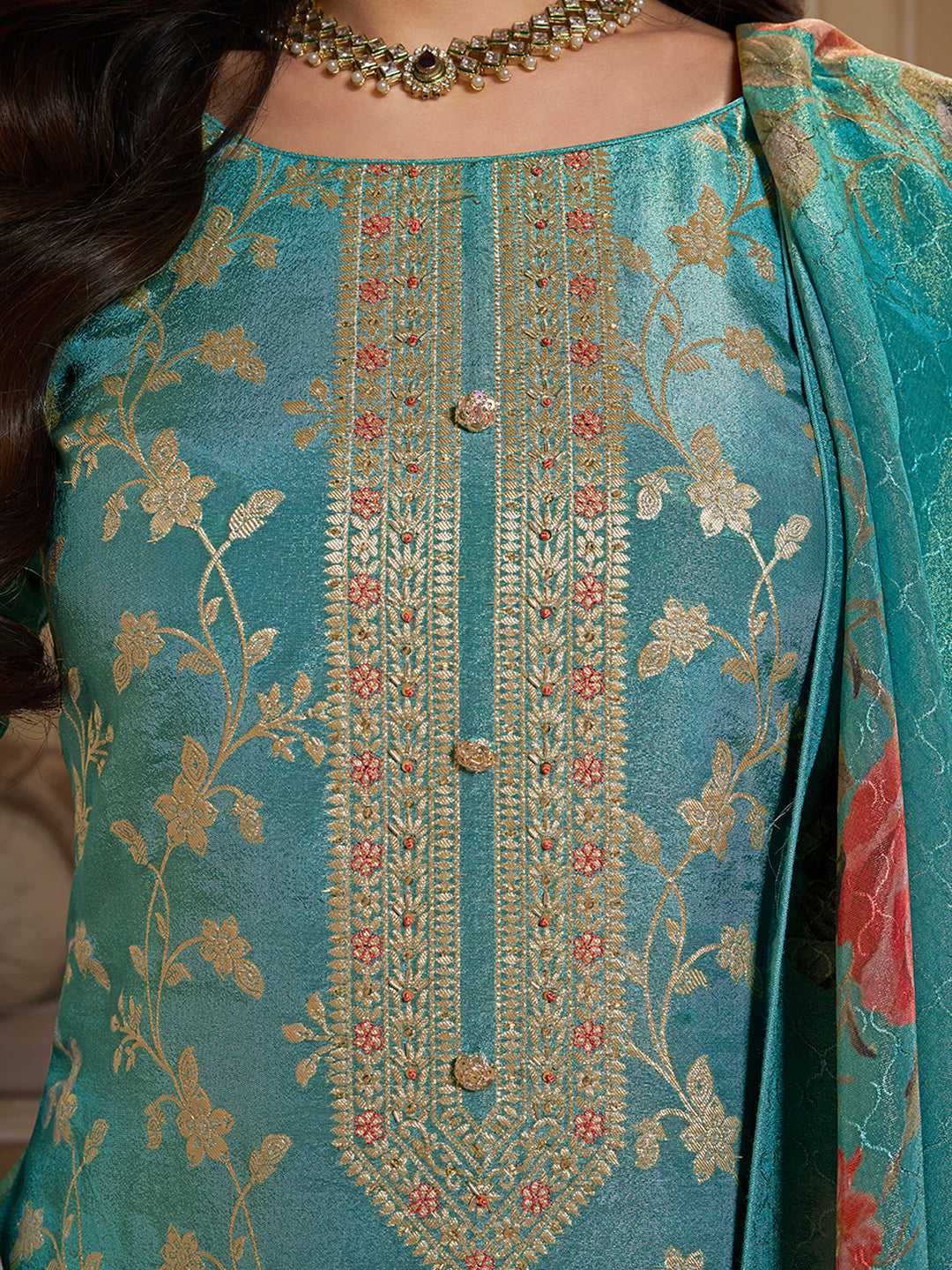 Pacific Blue Tissue Jacquard Top . Paired with Santoon Bottom and Tissue Digital Floral Printed Dupatta