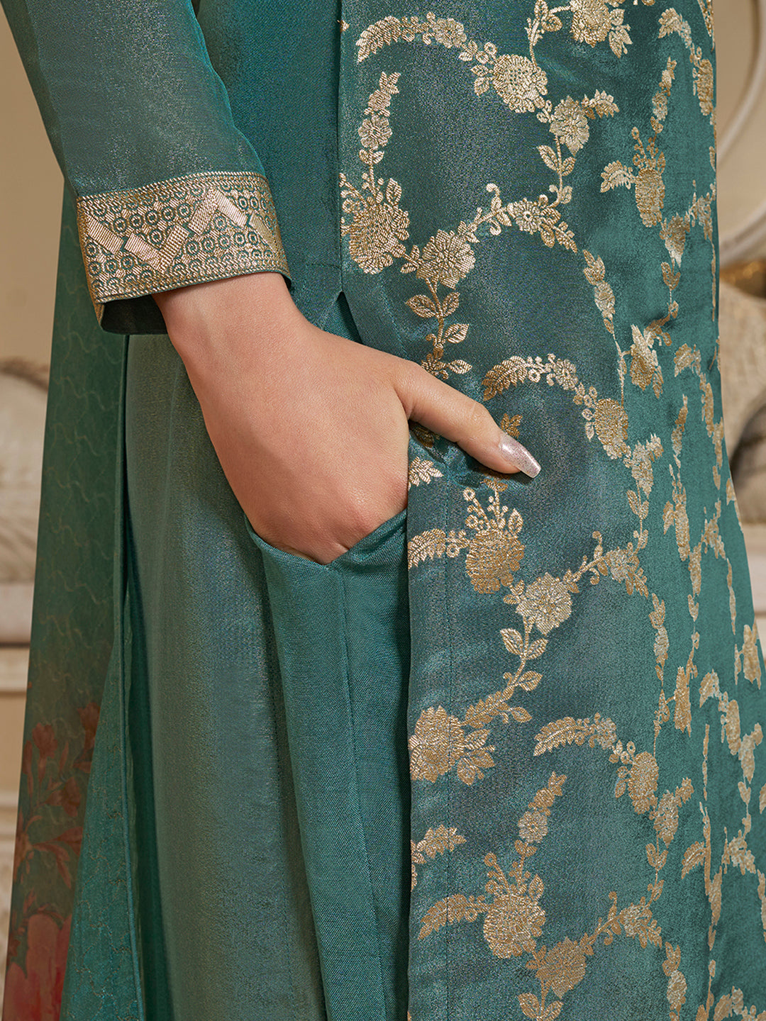 Teal Green Tissue Jacquard Top. Paired with Santoon Bottom and Tissue Digital Floral Printed Dupatta