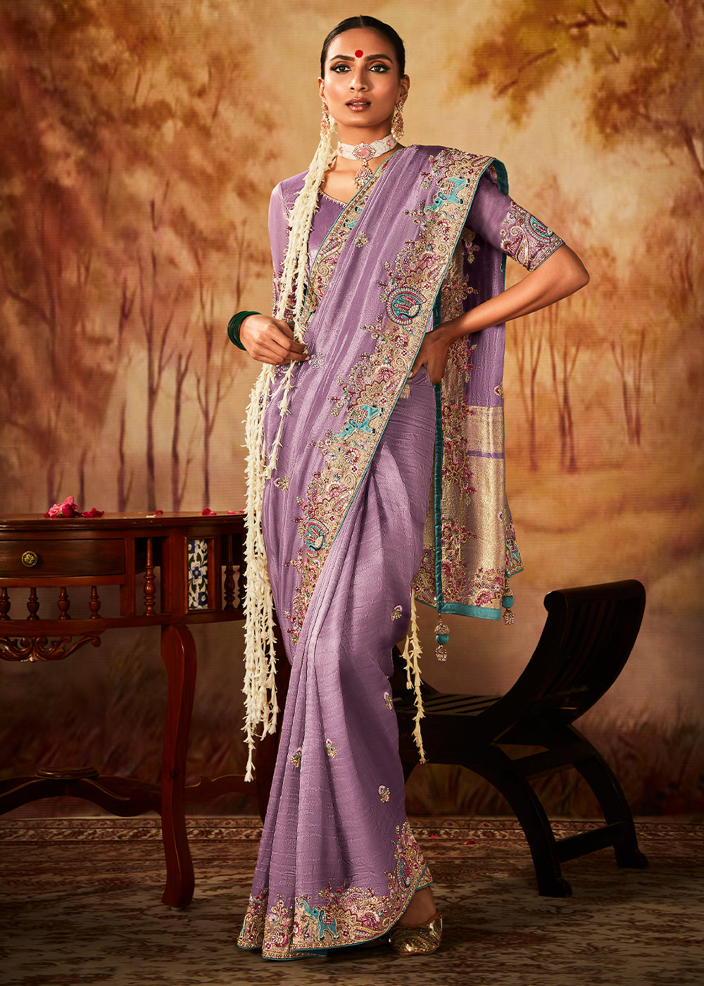 Floral Purple Woven Banarasi Silk Saree with Sequin,Stone,Zardosi,Khatli & Pearl work