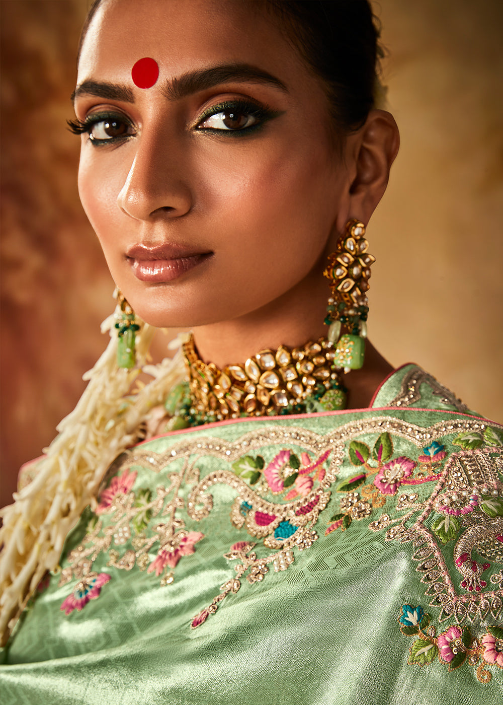 Emerald Green Woven Banarasi Silk Saree with Sequin,Stone,Zardosi,Khatli & Pearl work