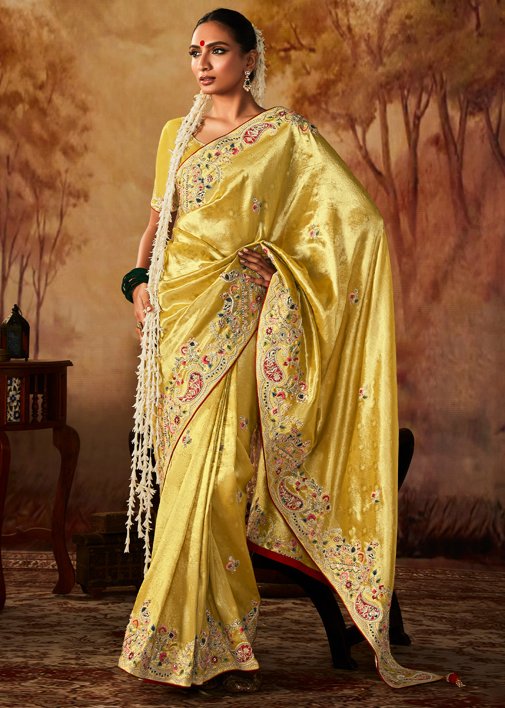 Bumblebee Yellow Woven Banarasi Silk Saree with Sequin,Stone,Zardosi,Khatli & Pearl work