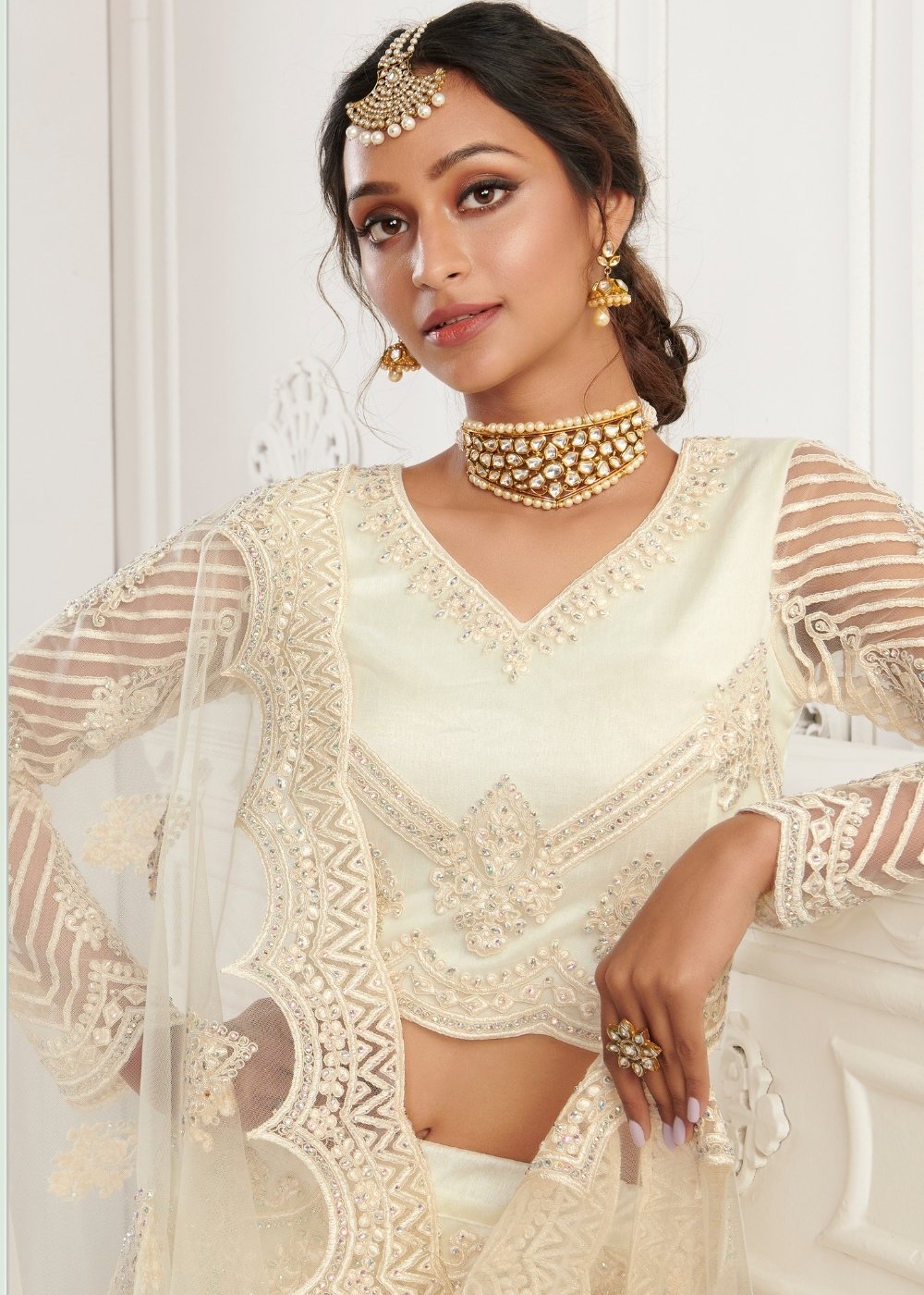 Off White Soft Net Lehenga Choli with Cording Embroidery & Stonework