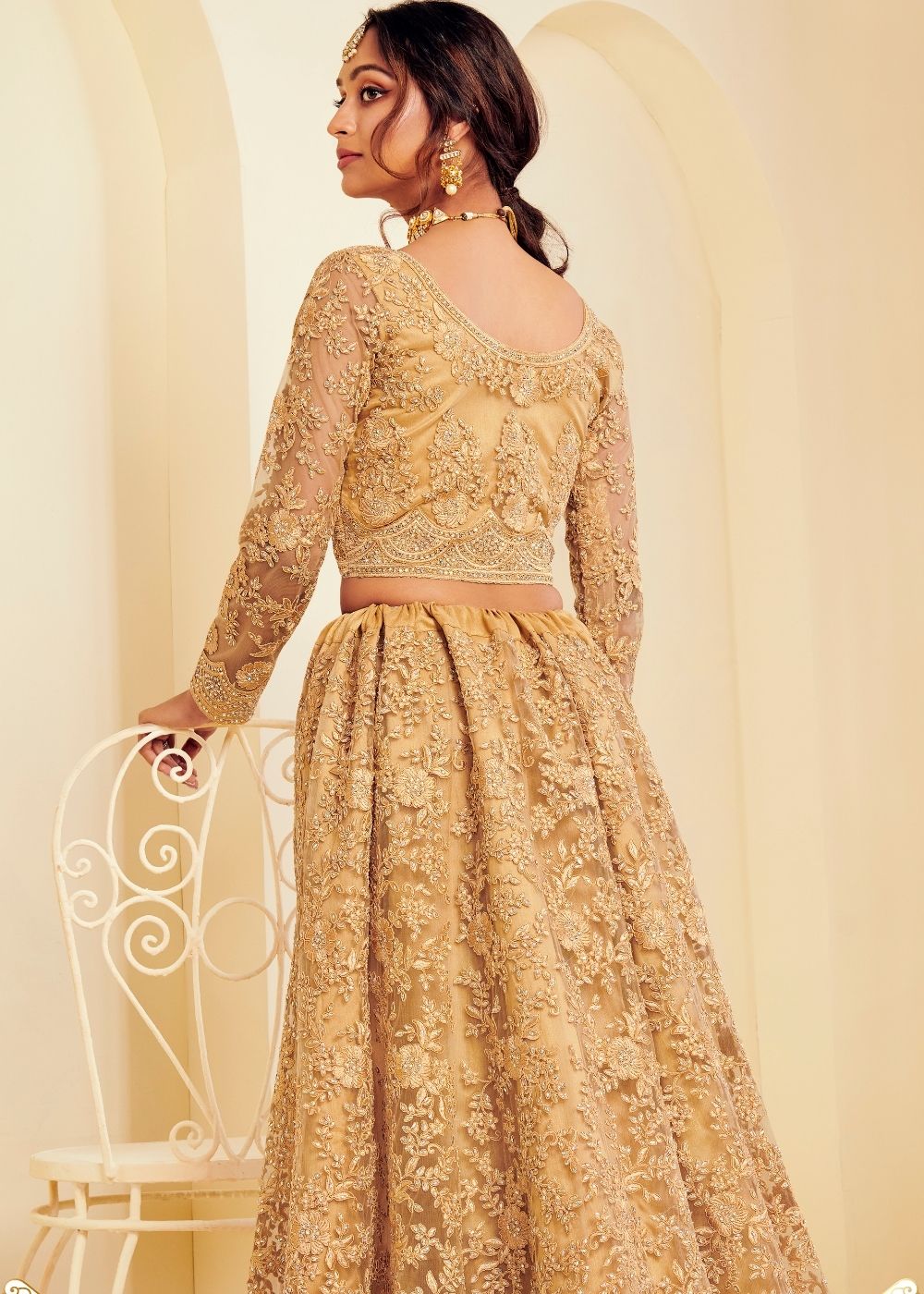 Antique Golden Soft Net Lehenga Choli with Cording Embroidery & Stone work