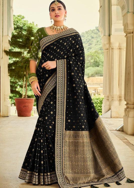 Ebony Black Woven Banarasi Silk Saree with Embroidered Blouse