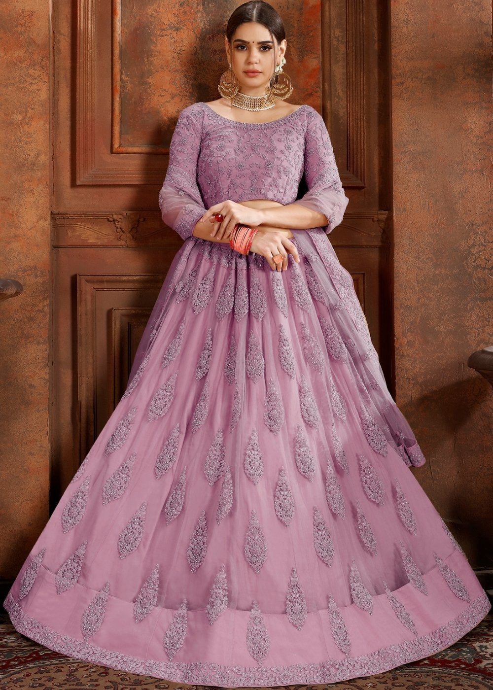 Orchid Purple Soft Net Lehenga Choli with Thread, Zarkan & Pearl work