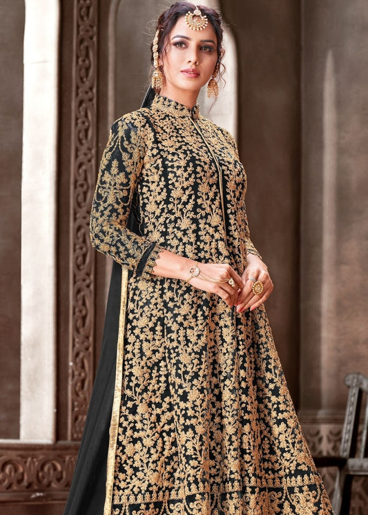 Sable Black Designer Net Anarkali Suit with Full Thread Embroidery Work: Top Pick