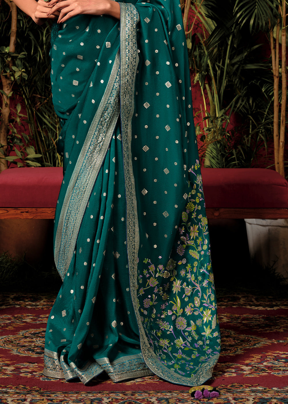 Dark Cyan Green Zari Woven Dola Silk Saree with Designer Pallu