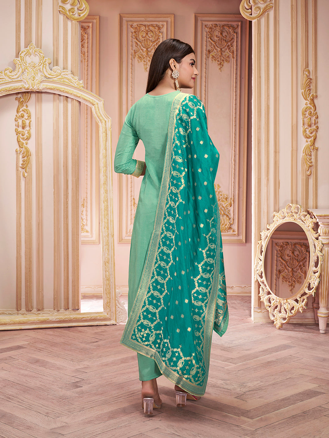 Sea Green Meena Dola Silk Jacquard Kurta with Santoon Trouser and Dola Jacquard Dupatta