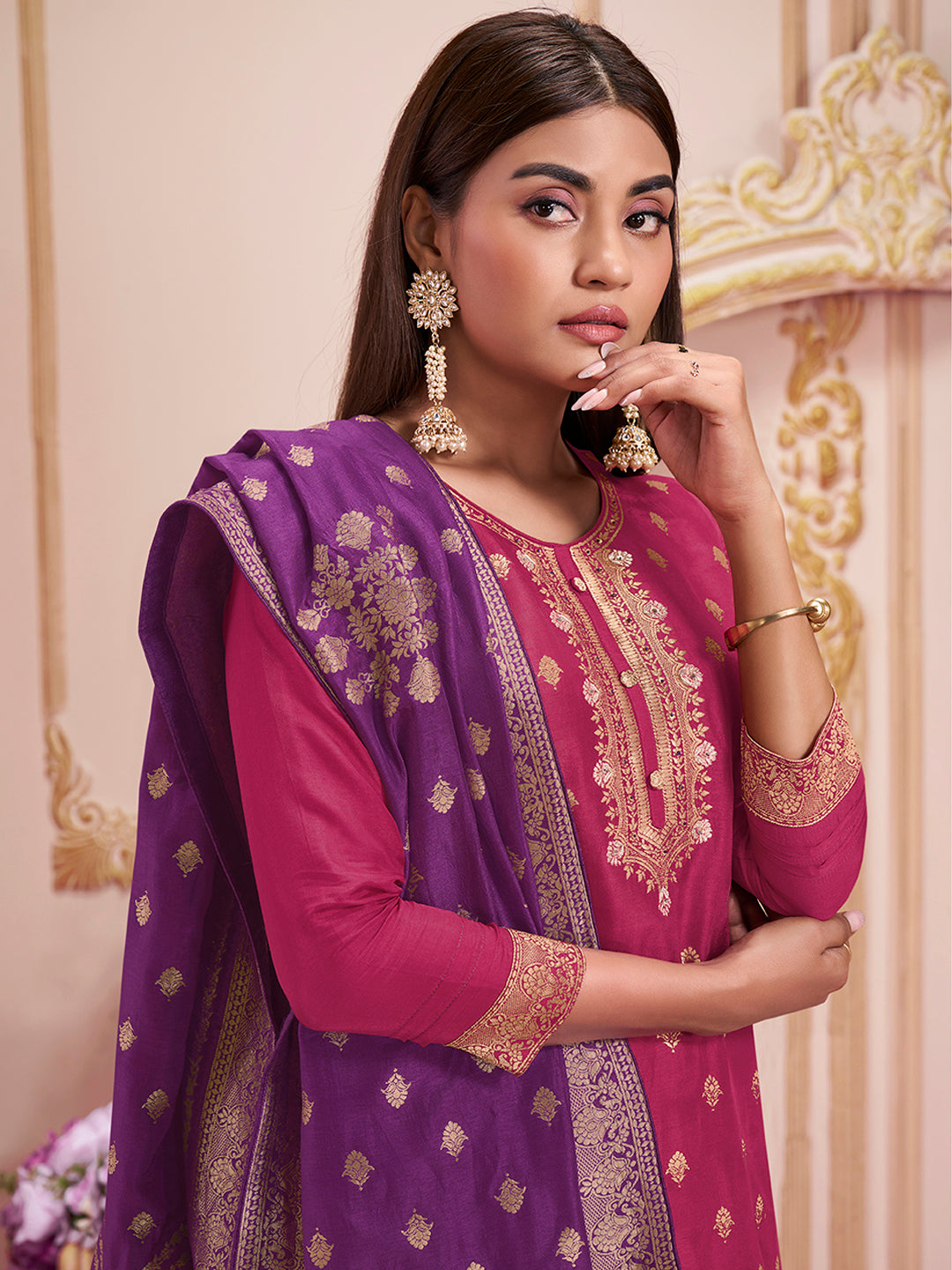 Ruby Pink Dola Silk Jacquard Kurta with Santoon Trouser & Dola Jacquard Dupatta