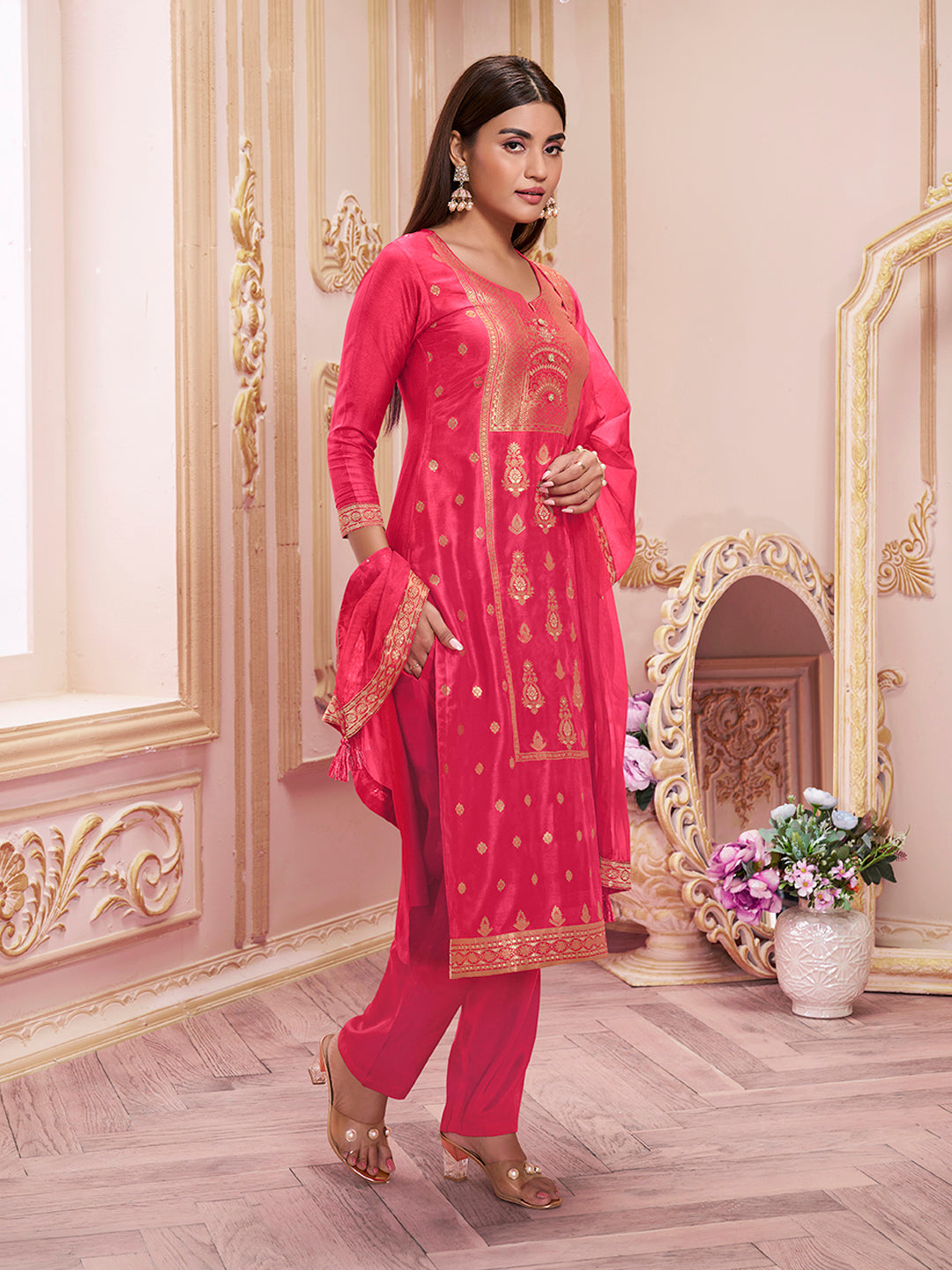 Raspberry Pink Dola Silk Jacquard Kurta with Santoon Trouser and Organza Dupatta