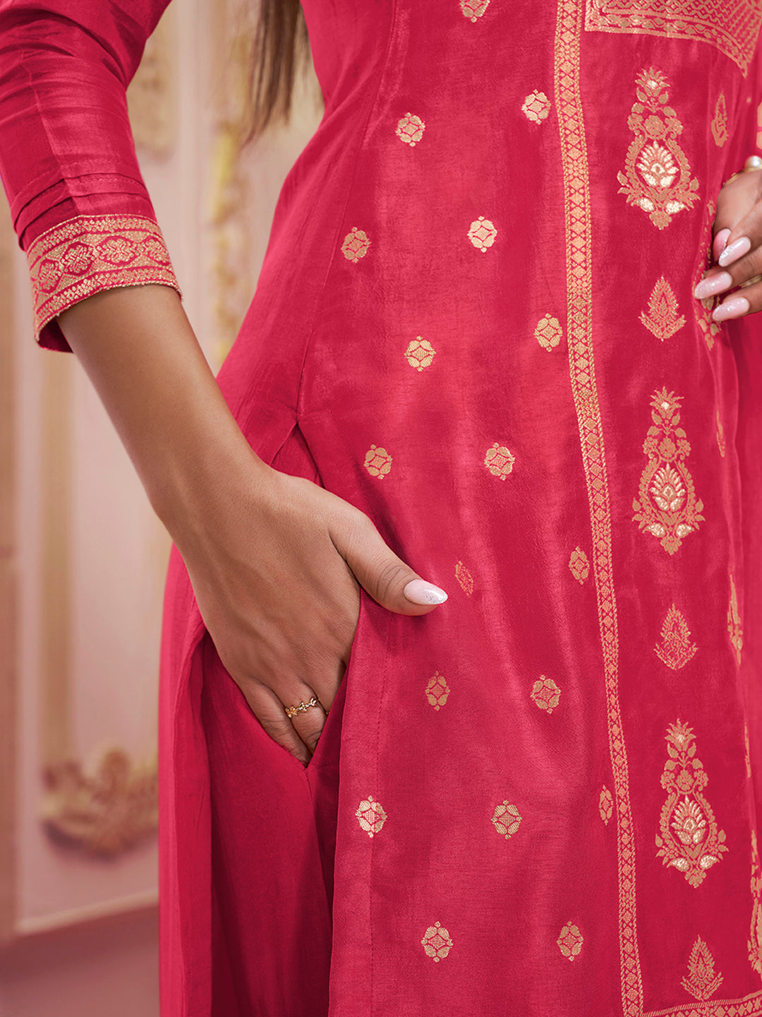 Raspberry Pink Dola Silk Jacquard Kurta with Santoon Trouser and Organza Dupatta