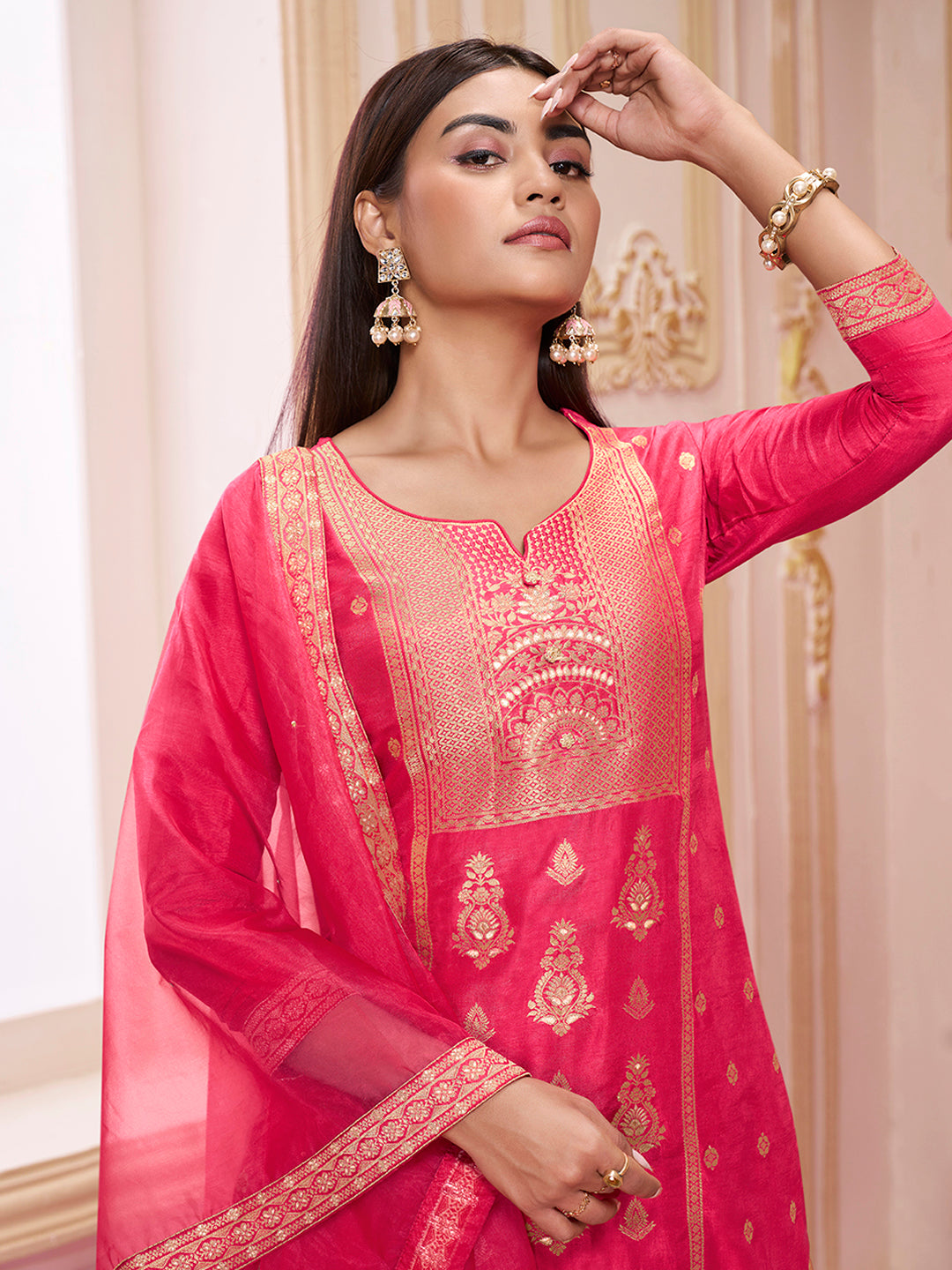 Raspberry Pink Dola Silk Jacquard Kurta with Santoon Trouser and Organza Dupatta