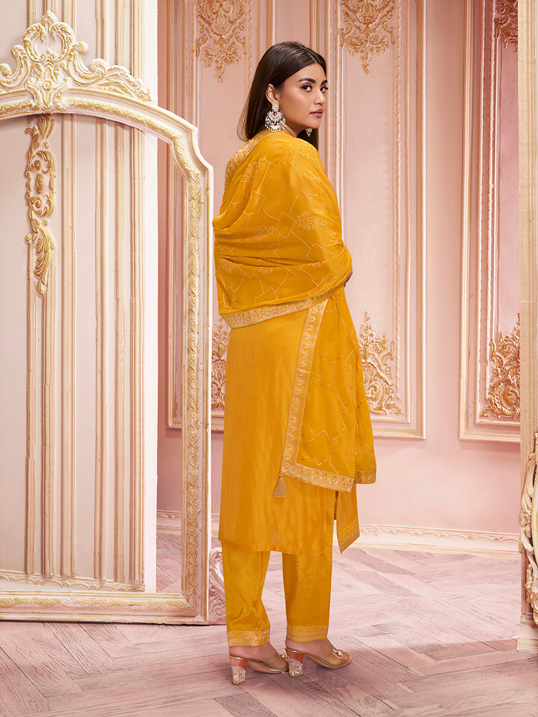 Honey Yellow Dola Silk Jacquard Kurta with Santoon Trouser Bottom and Chinon Dupatta